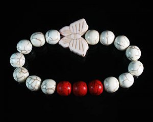 Turquoise White Butterfly Red White Veins Ball Beads Stretch Bracelet ZZ2448