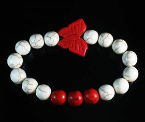 Turquoise Red Butterfly Red White Veins Ball Beads Stretch Bracelet ZZ2449