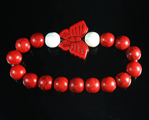 Turquoise Red Butterfly Red White Veins Ball Beads Stretch Bracelet ZZ2450