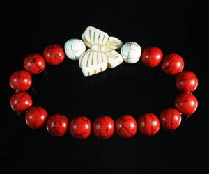 Turquoise White Butterfly Red White Veins Ball Beads Stretch Bracelet ZZ2451