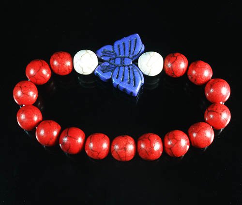 Turquoise Blue Butterfly Red White Veins Ball Beads Stretch Bracelet ZZ2454