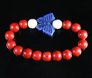 Turquoise Blue Butterfly Red White Veins Ball Beads Stretch Bracelet ZZ2454