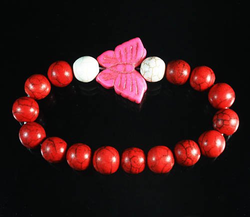 Turquoise Pink Butterfly Red White Veins Ball Beads Stretch Bracelet ZZ2455