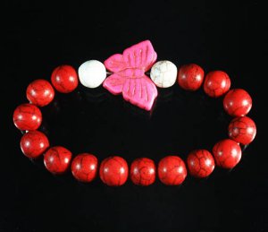 Turquoise Pink Butterfly Red White Veins Ball Beads Stretch Bracelet ZZ2455