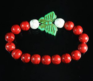 Turquoise Green Butterfly Red White Veins Ball Beads Stretch Bracelet ZZ2456