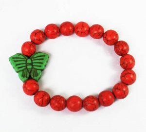 Turquoise Green Butterfly Red Veins Ball Beads Stretch Bracelet ZZ2459