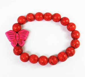 Turquoise Pink Butterfly Red Veins Ball Beads Stretch Bracelet ZZ2460