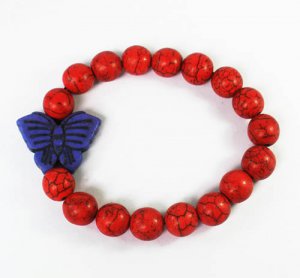 Turquoise Blue Butterfly Red Veins Ball Beads Stretch Bracelet ZZ2461