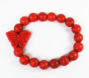 Turquoise Red Butterfly Red Veins Ball Beads Stretch Bracelet ZZ2462