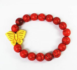 Turquoise Yellow Butterfly Red Veins Ball Beads Stretch Bracelet ZZ2463