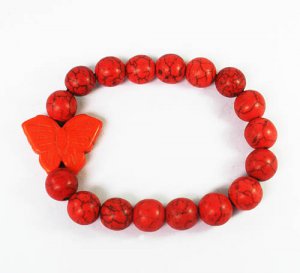 Turquoise Orange Butterfly Red Veins Ball Beads Stretch Bracelet ZZ2464