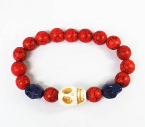 Turquoise White Blue Skull Bead Red Veins Ball Beads Stretch Bracelet ZZ2466