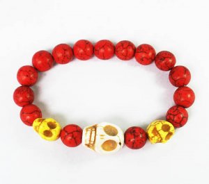 Turquoise White Yellow Skull Bead Red Veins Ball Beads Stretch Bracelet ZZ2467