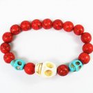 Turquoise White Baby Blue Skull Bead Red Veins Ball Beads Stretch Bracelet ZZ2468