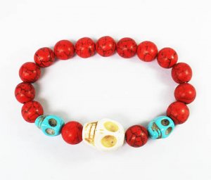 Turquoise White Baby Blue Skull Bead Red Veins Ball Beads Stretch Bracelet ZZ2468