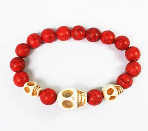 Turquoise White Skull Bead Red Veins Ball Beads Stretch Bracelet ZZ2469