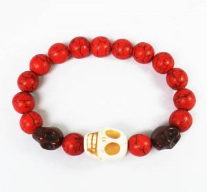 Turquoise White Brown Skull Bead Red Veins Ball Beads Stretch Bracelet ZZ2470