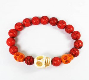 Turquoise White Orange Skull Bead Red Veins Ball Beads Stretch Bracelet ZZ2472