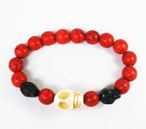 Turquoise White Black Skull Bead Red Veins Ball Beads Stretch Bracelet ZZ2473