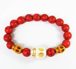 Turquoise White Yellow Skull Bead Red Veins Ball Beads Stretch Bracelet ZZ2474