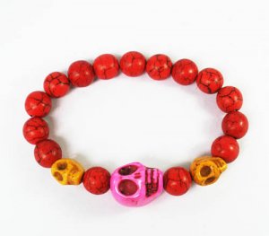 Turquoise Hot Pink Yellow Skull Bead Red Veins Ball Beads Stretch Bracelet ZZ2475