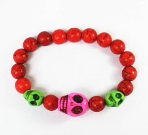 Turquoise Hot Pink Green Skull Bead Red Veins Ball Beads Stretch Bracelet ZZ2476