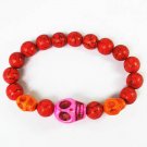 Turquoise Hot Pink Orange Skull Bead Red Veins Ball Beads Stretch Bracelet ZZ2477