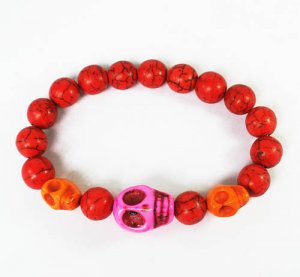 Turquoise Hot Pink Orange Skull Bead Red Veins Ball Beads Stretch Bracelet ZZ2477