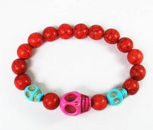 Turquoise Hot Pink Baby Blue Skull Bead Red Veins Ball Beads Stretch Bracelet ZZ2478