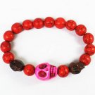 Turquoise Hot Pink Brown Skull Bead Red Veins Ball Beads Stretch Bracelet ZZ2479