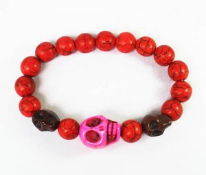 Turquoise Hot Pink Brown Skull Bead Red Veins Ball Beads Stretch Bracelet ZZ2479