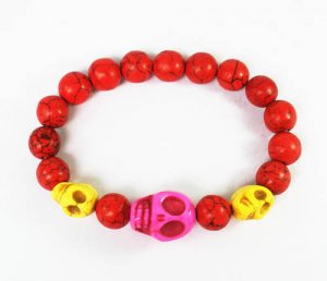 Turquoise Hot Pink Yellow Skull Bead Red Veins Ball Beads Stretch Bracelet ZZ2480