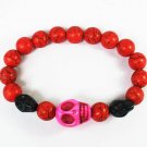Turquoise Hot Pink Black Skull Bead Red Veins Ball Beads Stretch Bracelet ZZ2481