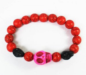 Turquoise Hot Pink Black Skull Bead Red Veins Ball Beads Stretch Bracelet ZZ2481