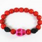 Turquoise Hot Pink Black Skull Bead Red Veins Ball Beads Stretch Bracelet ZZ2481