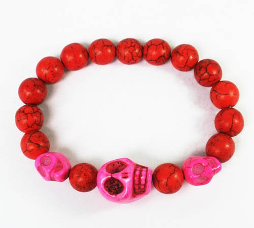 Turquoise Hot Pink Skull Bead Red Veins Ball Beads Stretch Bracelet ZZ2482