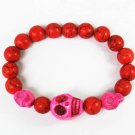 Turquoise Hot Pink Skull Bead Red Veins Ball Beads Stretch Bracelet ZZ2482