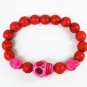 Turquoise Hot Pink Skull Bead Red Veins Ball Beads Stretch Bracelet ZZ2482