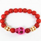 Turquoise Hot Pink White Skull Bead Red Veins Ball Beads Stretch Bracelet ZZ2483