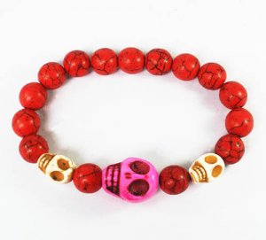 Turquoise Hot Pink White Skull Bead Red Veins Ball Beads Stretch Bracelet ZZ2483