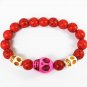 Turquoise Hot Pink White Skull Bead Red Veins Ball Beads Stretch Bracelet ZZ2483