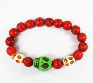 Turquoise Green White Skull Bead Red Veins Ball Beads Stretch Bracelet ZZ2484