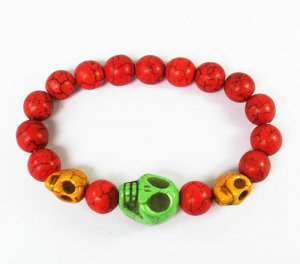 Turquoise Green Yellow Skull Bead Red Veins Ball Beads Stretch Bracelet ZZ2485