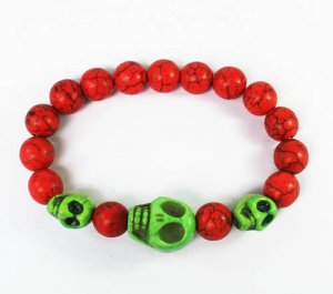 Turquoise Green Skull Bead Red Veins Ball Beads Stretch Bracelet ZZ2486