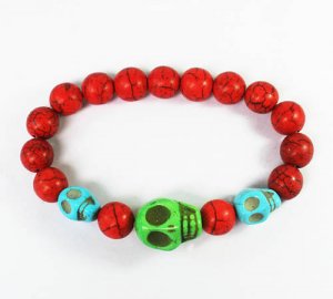 Turquoise Green Baby Blue Skull Bead Red Veins Ball Beads Stretch Bracelet ZZ2488