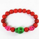 Turquoise Green Hot Pink Skull Bead Red Veins Ball Beads Stretch Bracelet ZZ2490