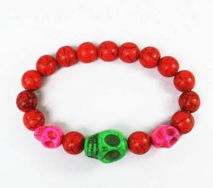 Turquoise Green Hot Pink Skull Bead Red Veins Ball Beads Stretch Bracelet ZZ2490
