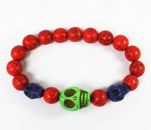 Turquoise Green Blue Skull Bead Red Veins Ball Beads Stretch Bracelet ZZ2491