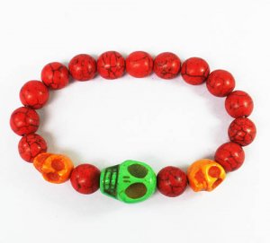 Turquoise Green Orange Skull Bead Red Veins Ball Beads Stretch Bracelet ZZ2492