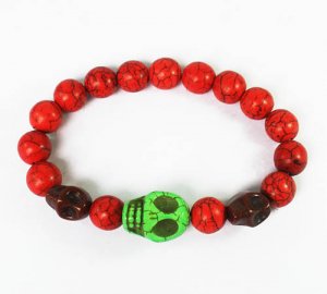 Turquoise Green Brown Skull Bead Red Veins Ball Beads Stretch Bracelet ZZ2493